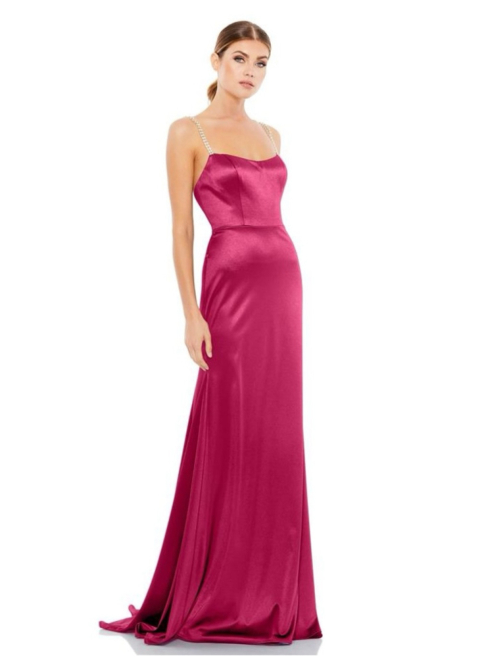 NWOT- Ieena for Mac Duggal Fuchsia Satin Evening Gown with Jeweled Straps